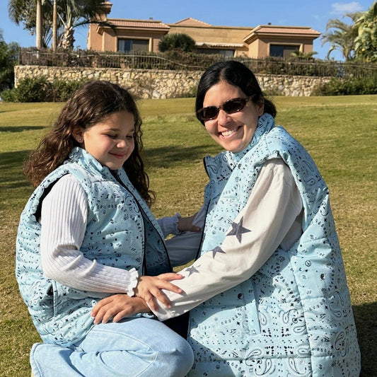 Baby blue bandana puffer vests, Mama & Me, by COCOBELLE, view 3