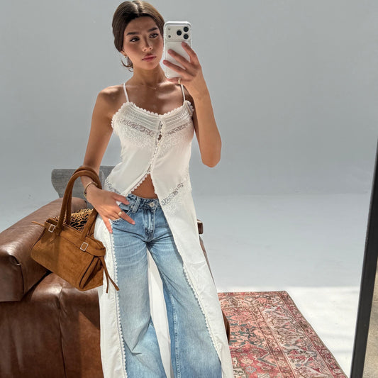 Boho lace midi-maxi cami top in white by COCOBELLE