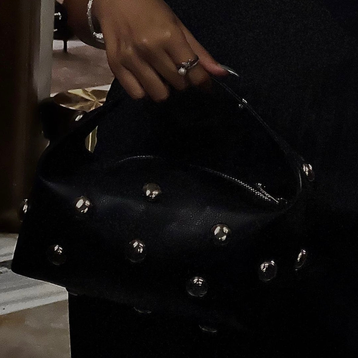 Bric top handle bag in black with silver eyelets by COCOBELLE, view 5