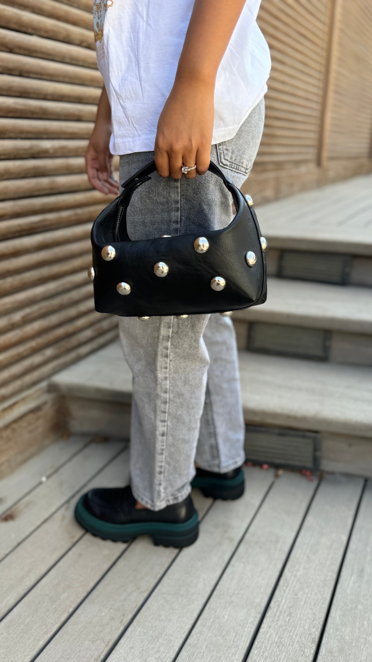 Bric top handle bag in black with silver eyelets by COCOBELLE, view 8