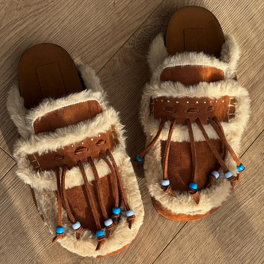Zoey Clogs Fur and Beaded-Fringe in Brown