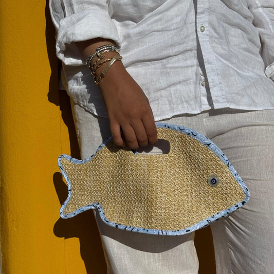Cleo fish bag in raffia and blue bandana, COCOBELLE x Satisfashion