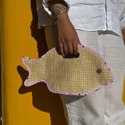 Cleo fish bag in raffia and pink bandana, COCOBELLE x Satisfashion