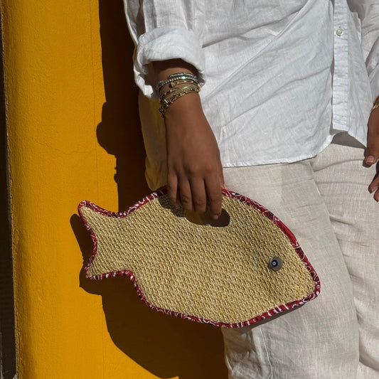 Cleo fish bag in raffia and red bandana, COCOBELLE x Satisfashion