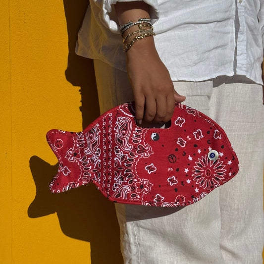 Cleo fish bag in red bandana with leopard lining, COCOBELLE x Satisfashion