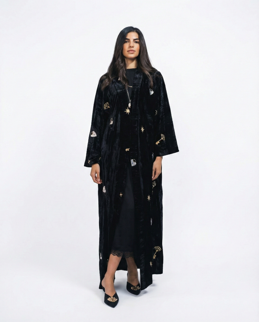 “Heart-Lock & Key” Embroidered Maxi Kaftan in Black
