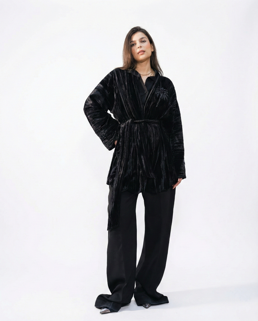 Nadya’s “Midnight Palm” Hand-Embroidered Kimono in Black