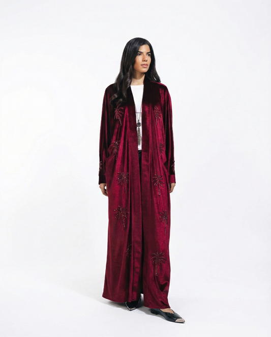 Nadya’s “Crimson Palm” Hand-Embroidered Maxi Kaftan