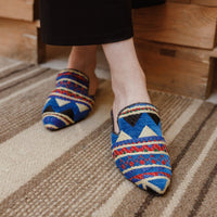 Donna mules in blue tribal kiliim by COCOBELLE
