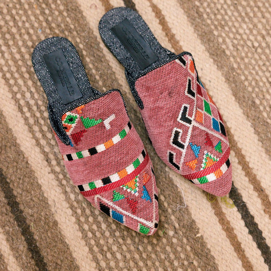 Donna mules in pink tribal kiliim by COCOBELLE