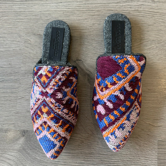 Donna mules in tribal purple kiliim by COCOBELLE