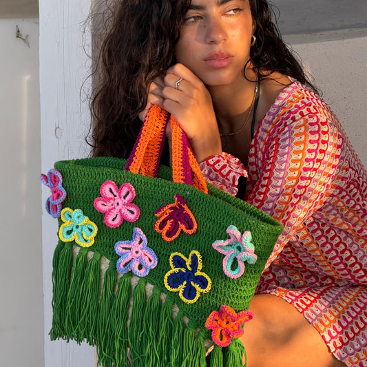 Floral green crochet straw bag, COCOBELLE x Satisfashion