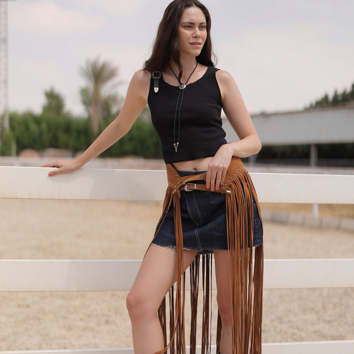 Brown fringe studded belt by COCOBELLE, view 2