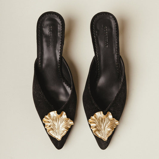 Iconic Gold-leaf Kitten Heel Mules in Black Velvet by COCOBELLE