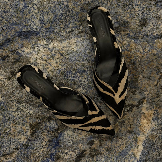 Iconic Kitten-Heel Mules in Zebra by COCOBELLE