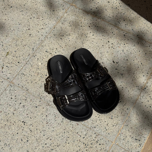 Isabel glitter jelly caged slides in black by COCOBELLE
