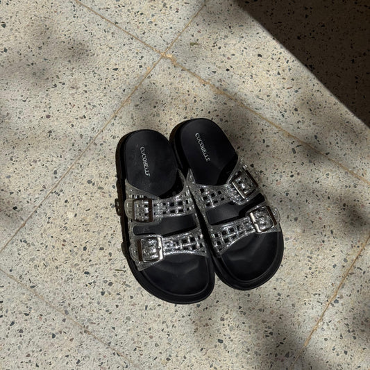 Isabel glitter jelly caged slides in silver by COCOBELLE