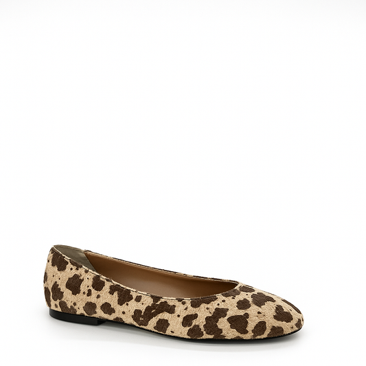Jackie-O ballerina flats in toffee cow hair print by COCOBELLE