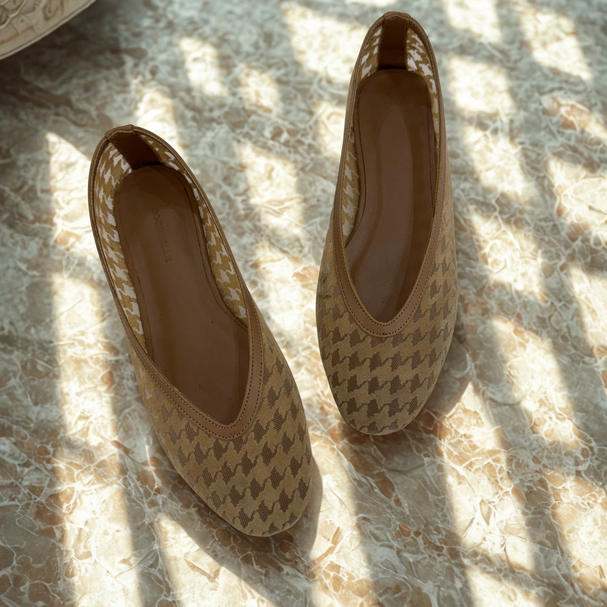 Jackie-O mesh ballerina flats in nude houndstooth by COCOBELLE, view 3
