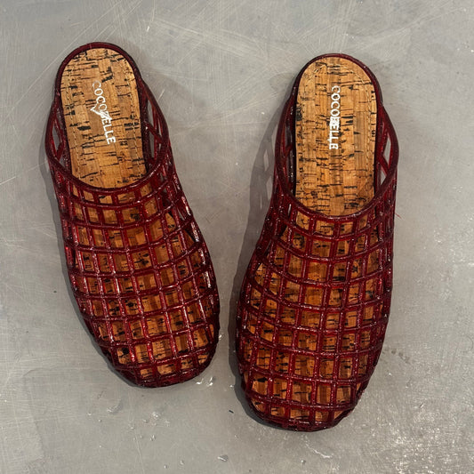 Burgundy glitter jelly caged mules by COCOBELLE