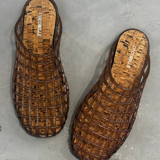Brown glitter jelly caged mules by COCOBELLE