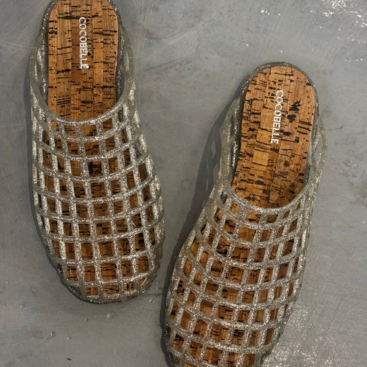 Silver glitter jelly caged mules by COCOBELLE