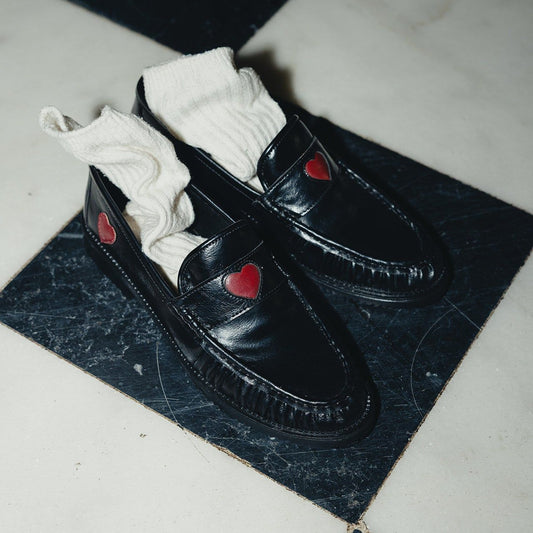 Le Loafer black penny loafers with red hearts by COCOBELLE