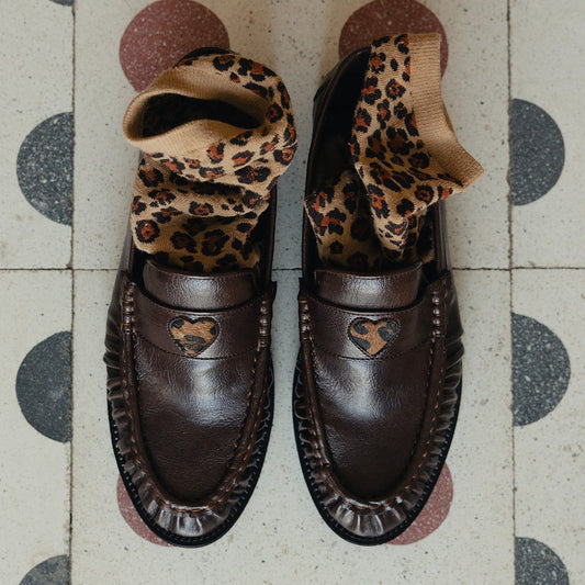 Le Loafer brown penny loafers with leopard hearts by COCOBELLE