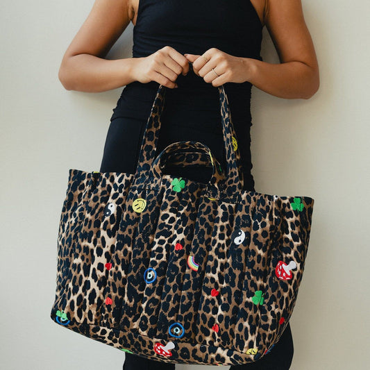 Leopard quilted tote bag with Hippie Funk embroidery by COCOBELLE