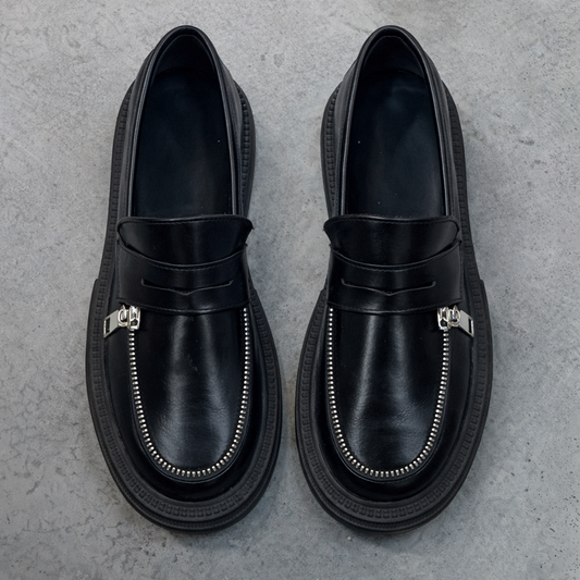 Marcy platform loafers in black with zipper by COCOBELLE
