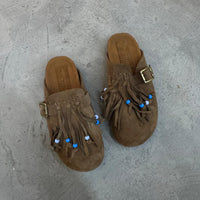 Milah beaded fringe clogs in café suede by COCOBELLE