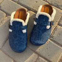 Milah clogs in dark blue rose print with shearling by COCOBELLE