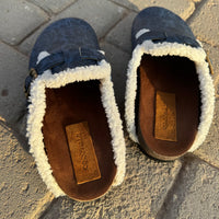 Milah clogs in dark blue rose print with shearling by COCOBELLE, view 2
