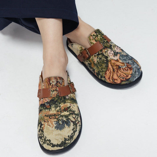 Milah flat clogs in Romeo-Kissed-Juliet tapestry, brown, by COCOBELLE