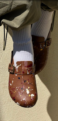 Milah hand-painted leather clogs, Picasso Who? in brown, by COCOBELLE