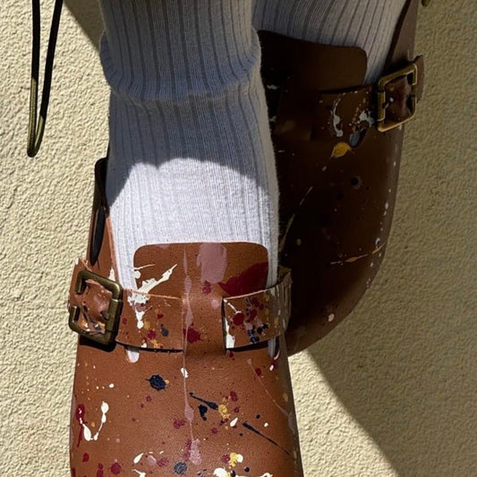 Milah hand-painted leather clogs, Picasso Who? in brown, by COCOBELLE