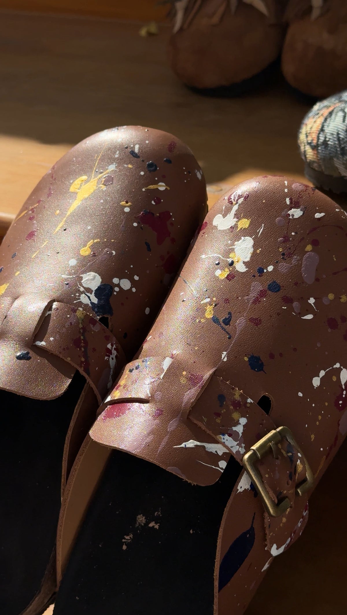 Milah hand-painted leather clogs, Picasso Who? in brown, by COCOBELLE, view 2