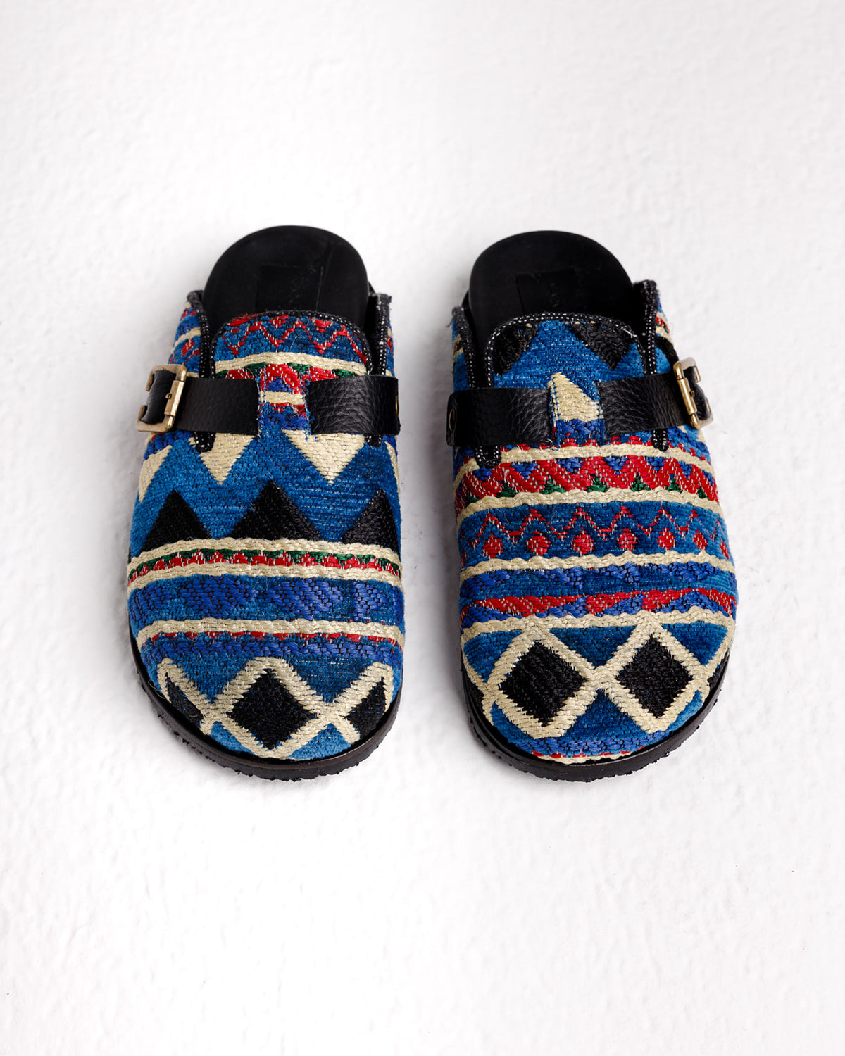Handmade Milah clogs in blue tribal Egyptian kiliim by COCOBELLE