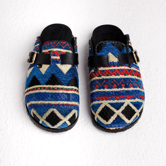 Handmade Milah clogs in blue tribal Egyptian kiliim by COCOBELLE