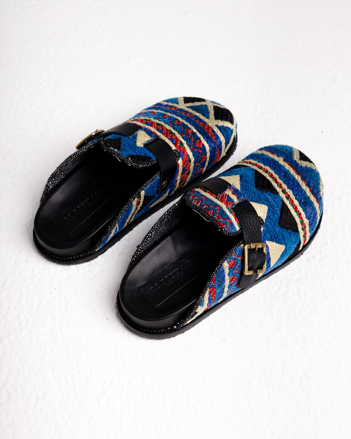 Handmade Milah clogs in blue tribal Egyptian kiliim by COCOBELLE, view 3
