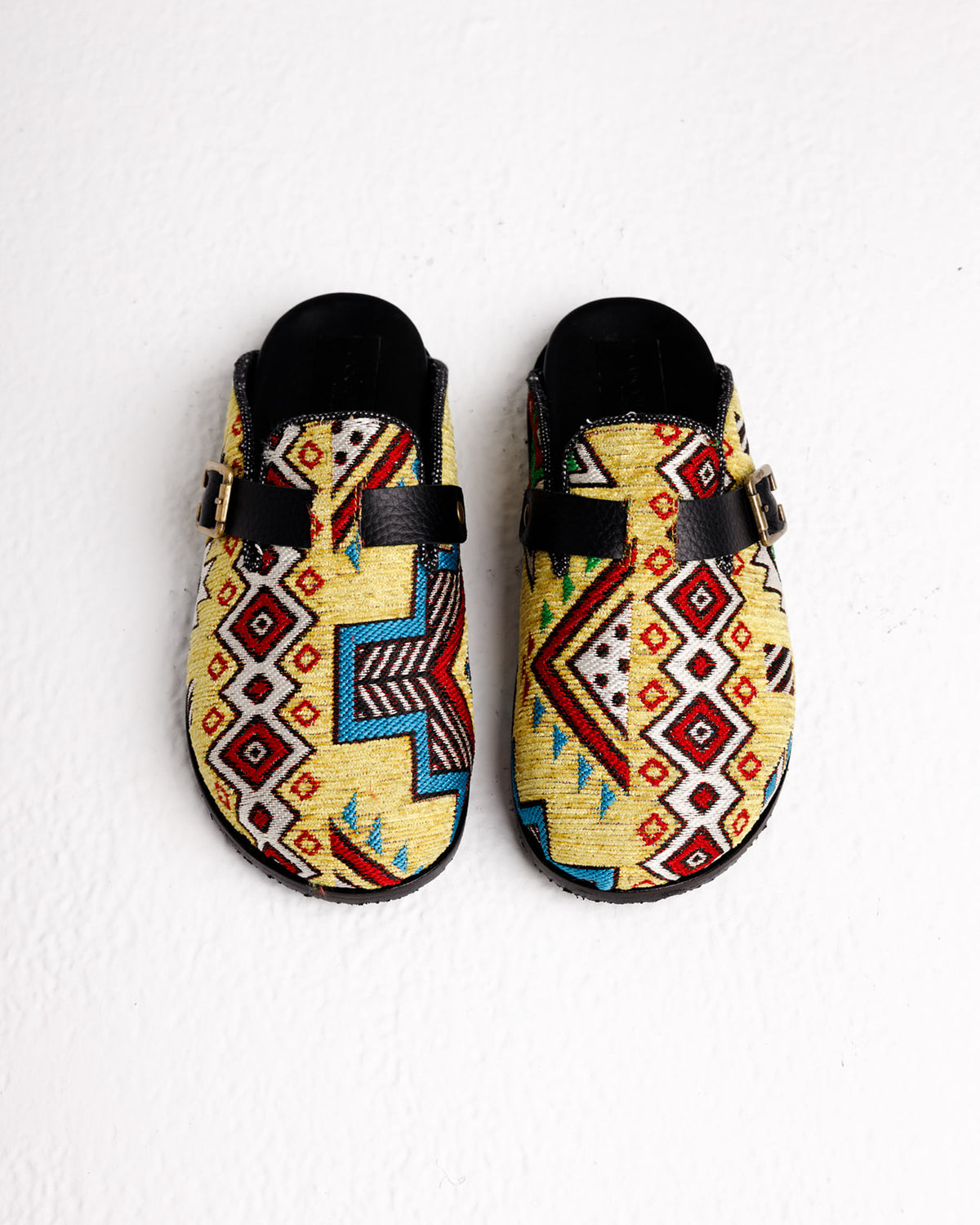 Handmade Milah clogs in yellow tribal Egyptian kiliim by COCOBELLE