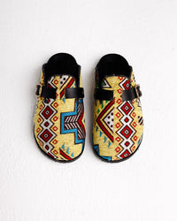 Handmade Milah clogs in yellow tribal Egyptian kiliim by COCOBELLE