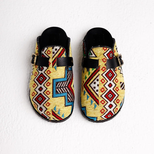 Handmade Milah clogs in yellow tribal Egyptian kiliim by COCOBELLE
