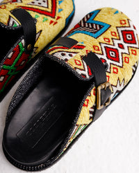 Handmade Milah clogs in yellow tribal Egyptian kiliim by COCOBELLE, view 3