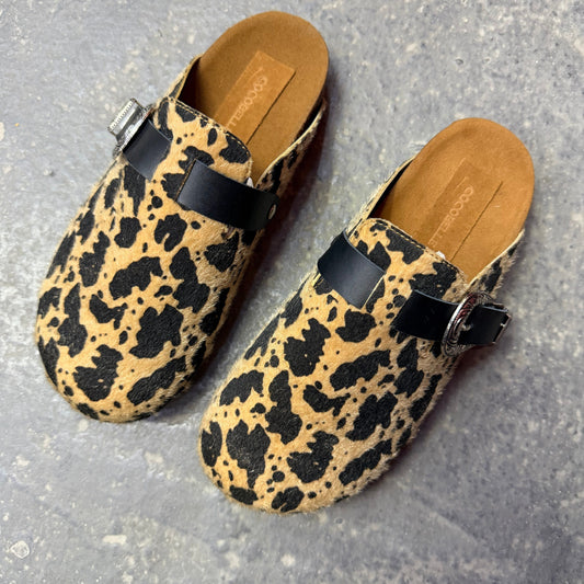 Milah Western clogs in black cow hair print by COCOBELLE