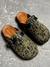 Milah Western clogs in olive green hair print by COCOBELLE