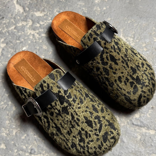 Milah Western clogs in olive green hair print by COCOBELLE