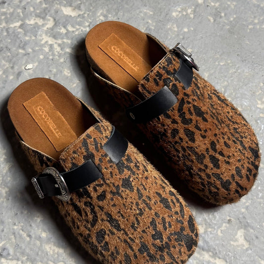 Milah Western clogs in two-tone brown hair print by COCOBELLE