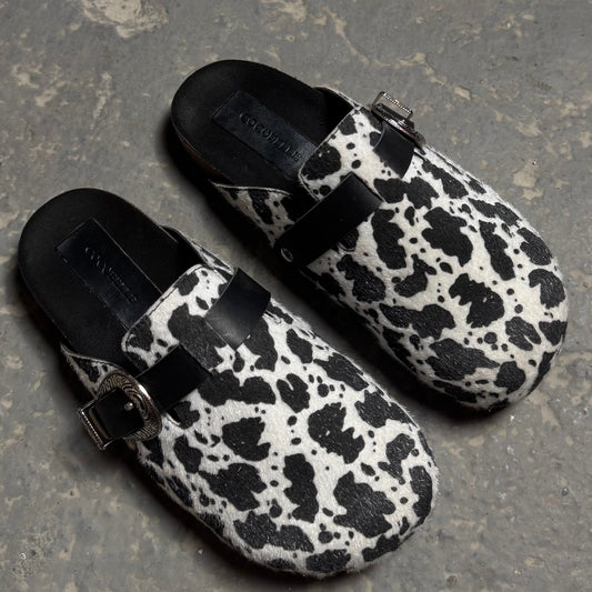 Milah Western clogs in white cow hair print by COCOBELLE