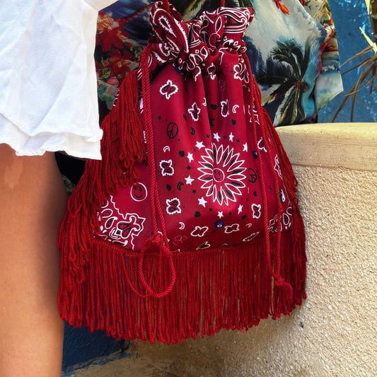 Red bandana fringe bag with Greek eye, COCOBELLE x Satisfashion